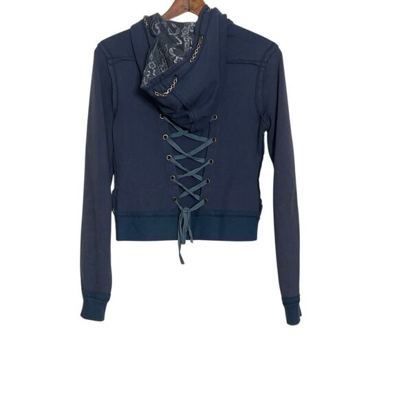 Hendi Full Zip Lace Embroidery Studded Chain Lace Up Back Hoodie Navy Sz Medium - Picture 11 of 11